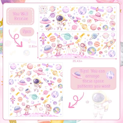 Kreatwow 2pcs Outer Space Wall Stickers for Girl Outer Space Wall Decorations Pink Astronaut Planet Decal Solar System Birthday Decoration Galaxy Rocket Cling Sticker Galaxy Astronaut Party Home Decor