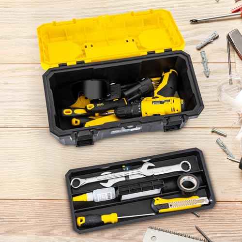 DELI 16-inch Tool Box with Removable Tray, Small Parts Organizer in Lid, Plastic Small Tool Box with Lock Secured and Handle, Black/Yellow