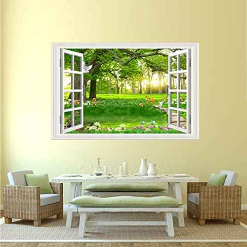 3D Self-Adhesive Painting Fake Window Wall Stickers Tropical Island with Palm Trees Wall Mural Window View Wall Decor for Home (17.3"¡¿27.6", Big Tree)
