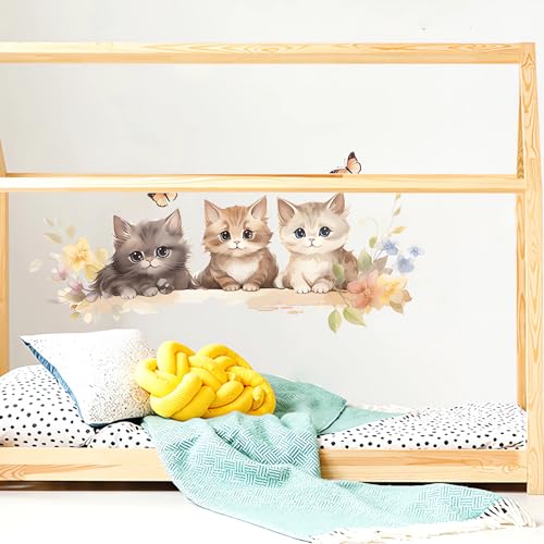 Cozy Kittens Wall Stickers, sacinora Cute Cartoon Cat Butterfly Art Wall Decals Removable Vinyl Peel and Stick for Baby Boy Girl Nursery Living Room Bedroom Toddler Room Kindergarten Home Decorations