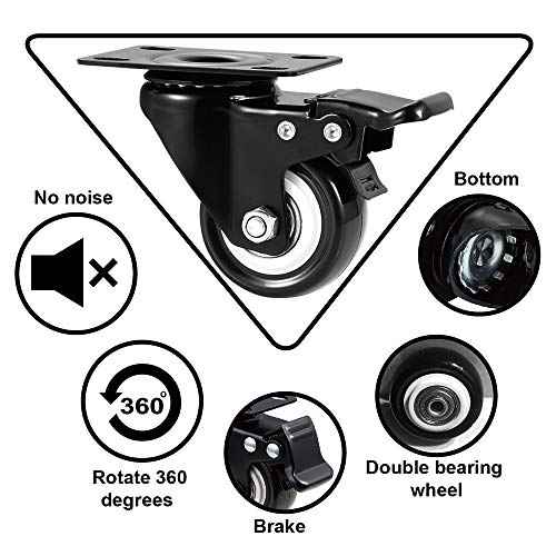 2" Caster Wheels Set of 16, Heavy Duty Casters with Brake, No Noise Locking Casters with Polyurethane (PU) Wheels, Swivel Plate Castors Pack of 16
