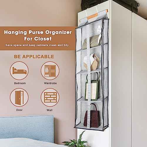 Silkfly 2 Pack Hanging Purse Organizer for Closet Clear Handbag Storage Hanger with Zipper Holder over The Door Wardrobe Tote Bag Storage Holder for Bedrooms Living Room(Gray)