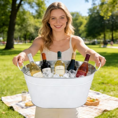 1 Pack Galvanized Beverage Tub, 3 Gallon Ice Buckets Metal Drink Buckets with Handles for Champagne Cocktails Wine Beer for Catering MimosaBars Parties, White (1)
