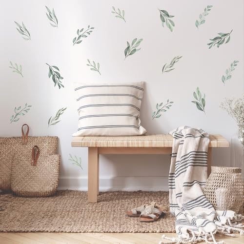 96 Pcs Sheets Pack Ink-Wash Style Self-Adhesive Waterproof Vinyl Wall Stickers-12 Sheet Leaf Decals for Wall Decor in Living Room/Cafe/Nursery/Bedroom/Office(Pastoral stylel)