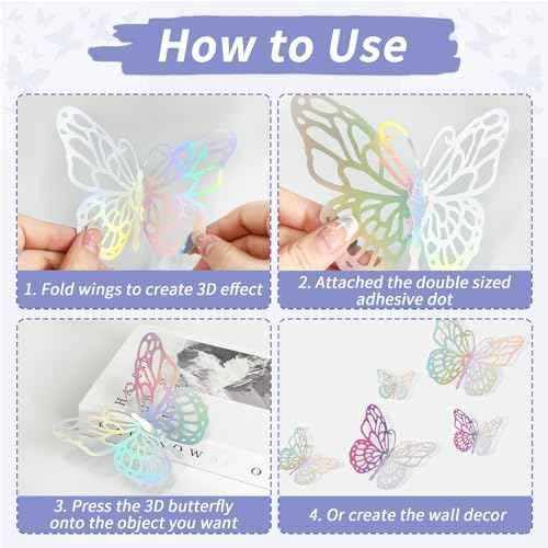 72 PCS Laser Butterfly Decorations, 3D Butterfly Decoration with 3 Styles 3 Sizes, Removable Wall Decor Stickers
