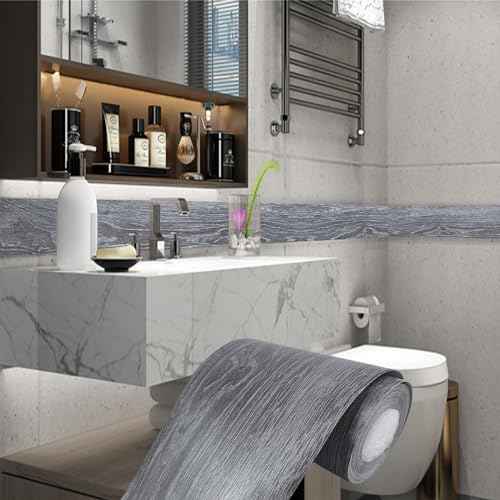 YESUS Dark Grey Wood Grain 3D 10M Wallpaper Frame Removable PVC Waterproof Peel and Stick Wallpaper,Bathroom Frame Sticker Wall Decor 3.93" x 32.8"