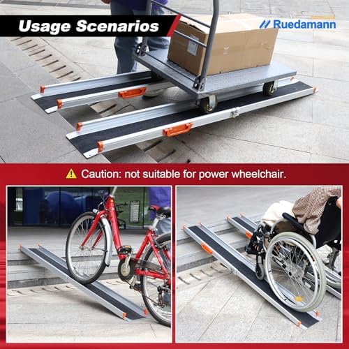 Ruedamann Portable Wheelchair Ramp, 7FT Adjustable Aluminum Ramp for Home, 600lbs Capacity,Telescoping Non-Skid Surface Wheel Chair Ramp for Home, Stairs, Steps