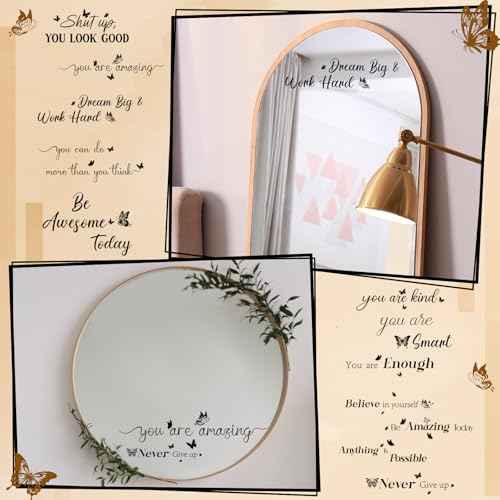 Geyoga 12 Pcs Inspirational Quote Mirror Decals Vinyl Positive Saying Affirmations Mirror Stickers Motivational Window Decals Peel and Stick for Home Office Staff Bathroom Wall Art(Butterfly)