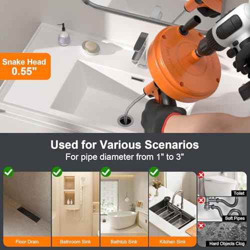 ¡¼2025 ????????????????¡½Drain Snake, 50-FT Plumbing Snake Drain Auger Hair Clog Remover, Flexible Plumbing Snake Use Manually or Powered for Kitchen,Bathrom and Shower Sink Gloves