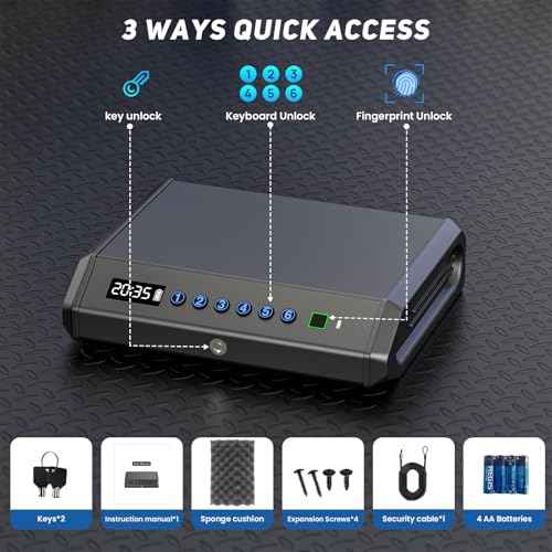 Biometric Gun Safe for Pistols Handgun Safe with Fingerprint Digital PIN Key Gun Lock Box Storage for Home Bedroom Bedside Nightstand and Car, 3-Ways unlock with Emergency Power Supply