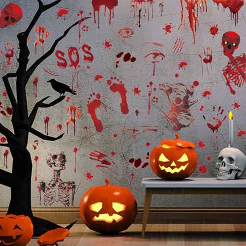 Halloween Wall Decals Bloody Handprint Footprint Wall Stickers Scary Halloween Decorations Spooky Window Stickers Removable Vinyl Wall Art Decal for Bathroom Living Room