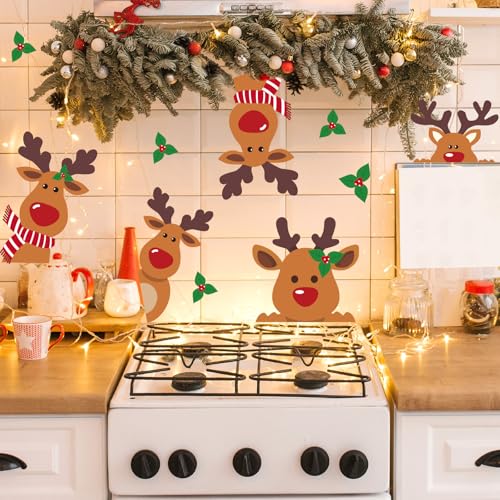 Christmas Wall Stickers Cute Reindeer Wall Decals Large Room Mural Stickers for Xmas Home Party Decor, 9.8 x 13.8 Inch, 4 Sheets
