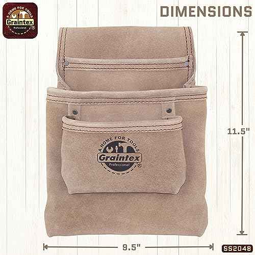 Graintex SS2048 3 Pocket Nail & Tool Pouch Beige Color Suede Leather for Constructors, Electricians, Plumbers, Handymen