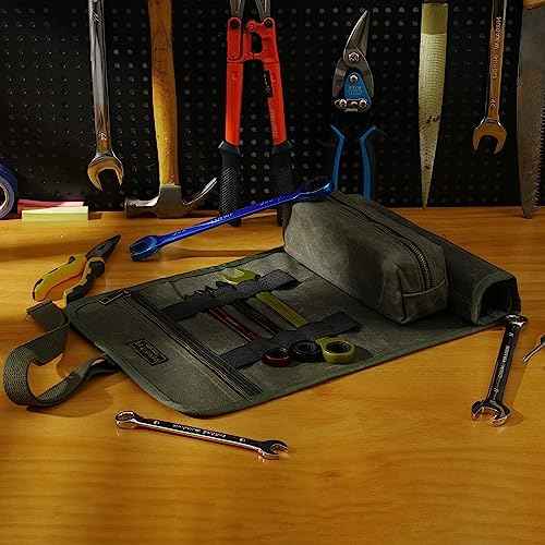 Waxed Canvas Multi-Purpose Waterpoof Tool Organizer Bags, Portable Carry On Pouch with 1 Small Detachable Tool pouch and 1 Zipper Pockets, 24.5" X 10.5"|ArmyGreen
