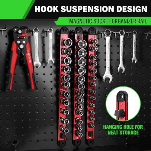 3/8-Inch Magnetic Socket Organizer Rail, Aluminum Alloy Socket Rail, Heavy Duty Sockets Holder with 14 Clips, 360¡Æ Swivel Clip Tool Tray, Sockets Organizer for Tool Box Drawer (Red)