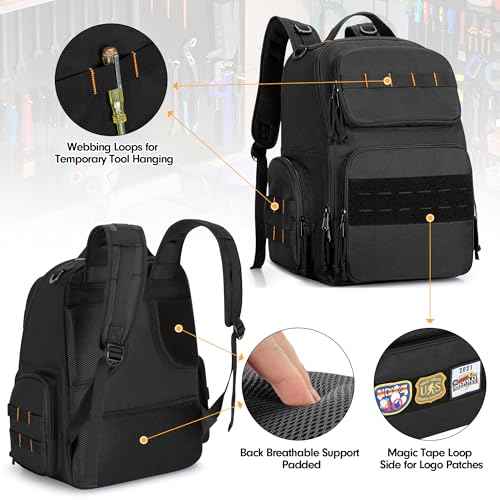 Tool Bag Backpack with 3 Tool Zipper Pouch, Tool Organizer Bag for Men with Padded Support, Tactical Tool Storage Work Bag for Repairman, Electrician, Handyman, Black (Patented Design)
