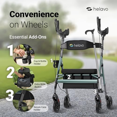 Helavo Extra Wide 28.3" Bariatric Upright Walker for Seniors, 500 lbs Capacity with 8“ Flat-Free Solid Rubber Tires, Height Adjustable Stand Up Walker with Seat, All Terrain Heavy Duty Rollator