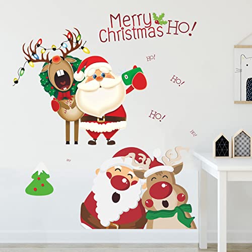 Santa Claus Wall Decals Merry Christmas Stickers Decorations, Lovely Santa Claus Reindeer Decor Posters Removable Vinyl Art Murals Xmas Party Supplies
