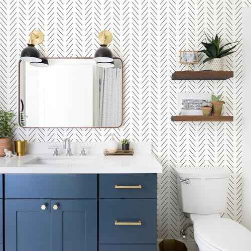 Orainege Black and White Peel and Stick Wallpaper Herringbone Contact Paper for Bathroom 17.7in x 118.1inModern Geometric Self Adhesive Wallpaper Removable Wall Paper Peel and Stick