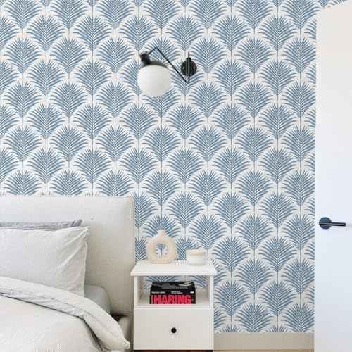 Rugreat Blue/White Wallpaper Peel and Stick Modern Palm Leaf Contact Paper for Cabinets Self Adhesive Removable Wallpaper for Bedroom Boho Geometric Contact Paper Bathroom Waterproof 17.3inW 78.7inL