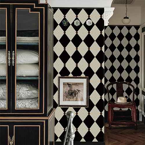 Simon&Siff Retro Checkered Peel and Stick Wallpaper Black and White Wallpaper Vintage Plaid British Geometric Wall Paper for Bathroom Kitchen Cabinet Contact Paper 17.3"x78"