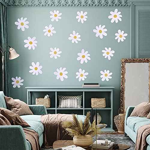 Bremorou 36PCS Retro White Daisy Flower Wall Stickers, Waterproof & Reusable Vinyl Wall Floral Decals for Kids Nursery, Bedroom, Classroom, Office Decor