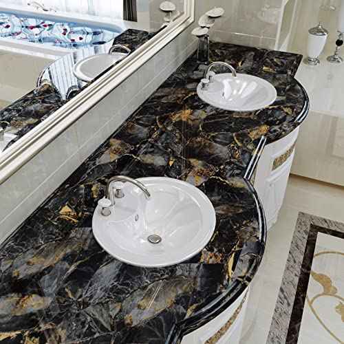 CRE8TIVE Glossy Slate Gold Marble Contact Paper Marble Wallpaper Peel and Stick Countertops for Kitchen Waterproof Self Adhesive Removable Marble Vinyl Paper for Counter Top Cabinets Shelves 12"x80"