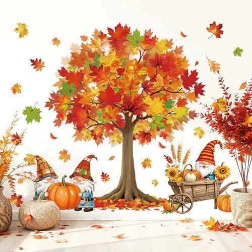 Fall Wall Stickers Maple Tree Leaves Gnome Wall Stickers Peel and Stick Large Room Mural Decals for Autumn Harvest Thanksgiving Party Home Nursery Bedroom Decor