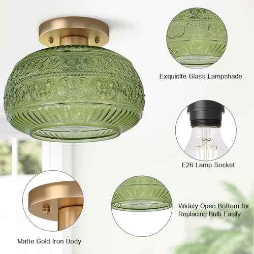 Semi Flush Mount Ceiling Light, Upgraded Modern Close to Ceiling Light Fixture with Green Glass,Gold Indoor Kitchen Lighting for Porch Corridor Hallway Bedroom, Bulb Not Included