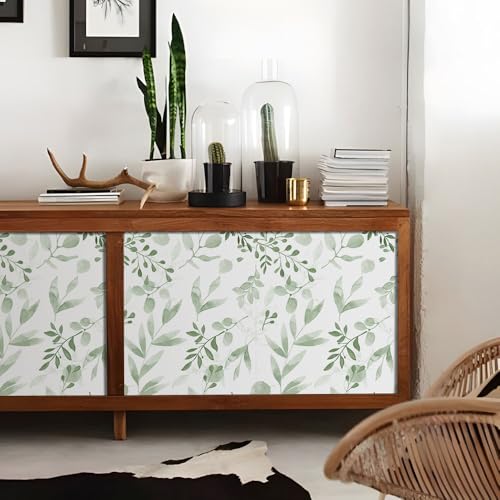 Green Leaf Wallpaper,Vinyl Green and White Floral Peel and Stick Wallpaper Thicken Farhouse Neutral Wall Paper for Table Shelf Drawer Counter Top Cabinet Liner 17.7 x 118.1 inches