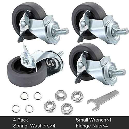 Caster Wheels, 3" Locking Swivel Stem Casters Set with Brake of 16, 3/8"-16 x 1 (Screw Diameter 3/8", Length 1") Rubber Casters with 360 Degree No Noise Wheels