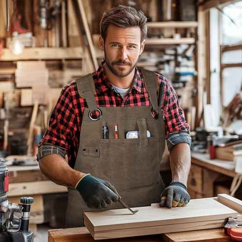 AOLEBA Woodworking Apron for Men,Heavy Duty Waxed Canvas Work Tool Apron with 12 Tool Pockets for Workshop, Mechanic, Carpenter, Blacksmith, Mens Aprons Gifts for Dad Father Men (Dark Brown)