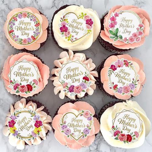 56 Pcs Edible Cupcake Toppers with Floral Decorations for Mother's Day, Mom's Birthday, and Best Mom Ever Celebrations (Style 1)