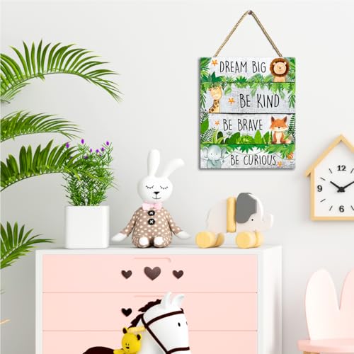 Be Kind Be Braver Jungle Theme Wood Hanging Sign,Inspirational Quotes Safari Hanging Sign for Kids Nursery Bedroom Playroom Wall Decor