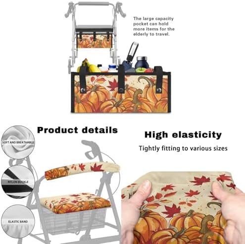 LedBack Thanksgiving Walker Accessories 3 Piece Set Rollator Walker Seat and Backrest Covers, Maple Leaf Pumpkins Storage Bags Rollator Seat Cushion Covers for Seniors