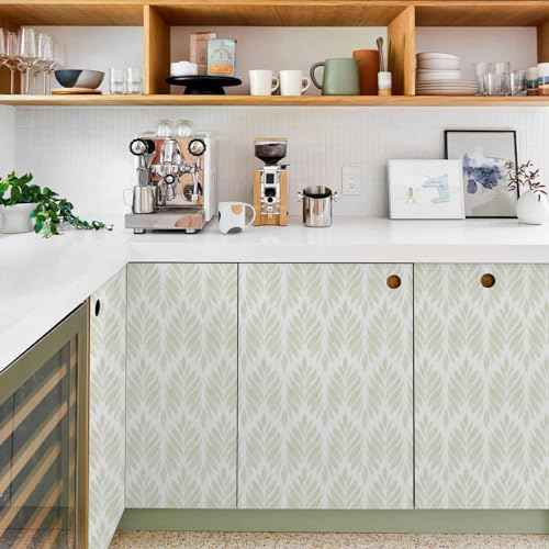 Sage Green Peel and Stick Wallpaper Boho Green Contact Paper Self Adhesive Neutral Removable Wallpaper for Bedroom Bathroom Waterproof Modern Leaf Contact Paper Farmhouse White 78.7inL 17.3in