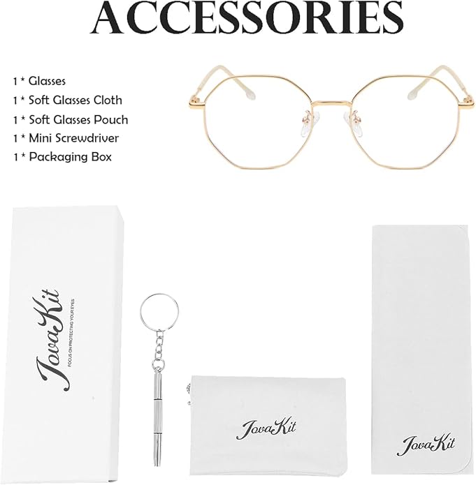 JOVAKIT Polygon Blue Light Blocking Glasses for Women Men Vintage Octagon Square Non-prescription Metal Eyeglasses