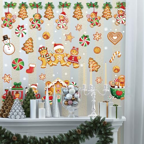Christmas Wall Stickers Gingerbread Man House Xmas Tree Wall Stickers Peel and Stick Large Room Mural Decals for Winter Home Party Decoration, 8 Sheets