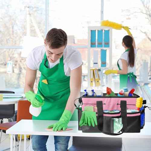 Cleaning Caddy Tote with Removable Dividers - 17.8x12.2x9.3in Waterproof Tool Organizer Bag with Handles & Adjustable Shoulder Strap for Housekeepers, Cleaners & Car Detailing Supplies (Pink)