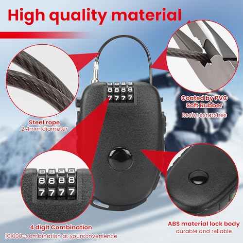 2 Pack 4-Digit Combination Lock with 27.5 Inch Quickly Retractable Steel Cables - Keyless Security for Bike, Helmet, Ski, Snowboard, Stroller, Luggage, Door, Gate, Fences, Backpack & More