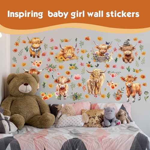 Yinder 12 Sheet 78 Pcs Highland Cow Wall Decals Baby Wall Decals Highland Cow Sticker Cute Nursery Baby Decor for Kids Girls Boys Room Bedroom