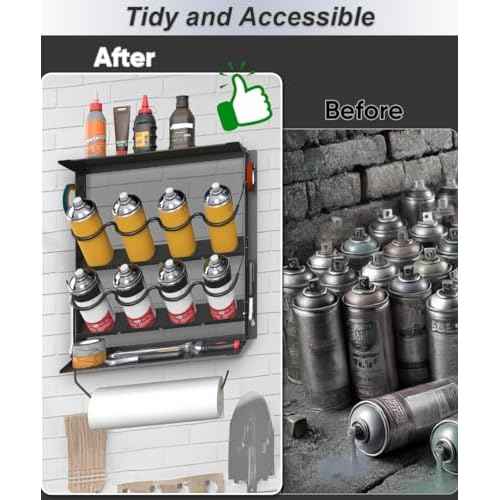 Spray Paint Can Holder with Paper Towel Holder for Home Garage Organizer, Wall Mount Paint Bottle Tool Utility Storage Rack with 8 Holes & 2 Shelf for Shop, Black