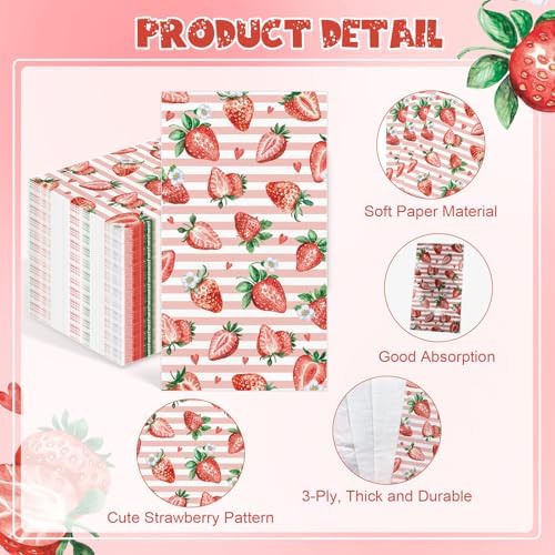100PCS Strawberry Paper Napkins 3 Ply Disposable Hand Towels for Bathroom Summer Red Berry Guest Napkins Decorative Strawberry Striped Dinner Napkins for Berry Sweet Baby Shower Birthday Party