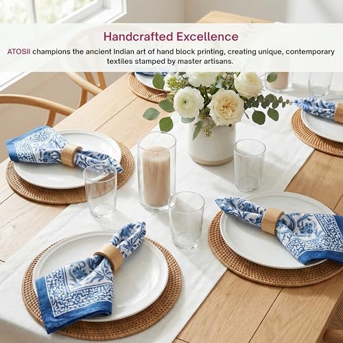 ATOSII Midnight Bloom Blue 100% Cotton Cloth Napkins, Hand Block Floral Print Designer Table Linen, Perfect for Dinners, Weddings, Cocktails, Parties I 20 X 20 Inches I Set of 4 I
