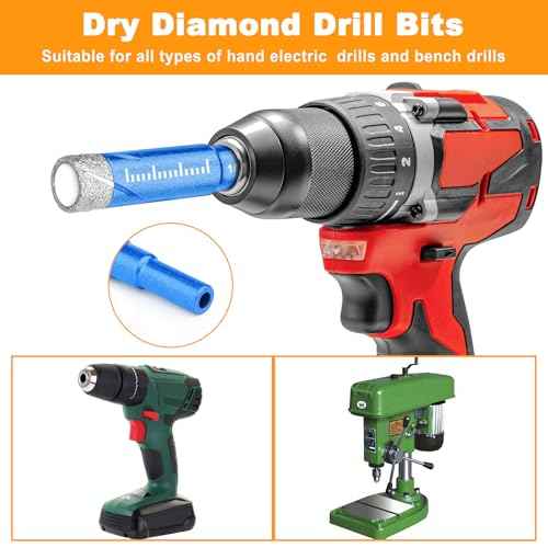9 Piece Dry Diamond Drill Bits Set, Tile Drill Bits for Glass, Granite, Ceramic, Tile, Quartz Stone, Sizes 1/4" 5/16" 3/8" 1/2", Built-in Solid Cooling Wax, Fast Dry Drilling, Round Shank