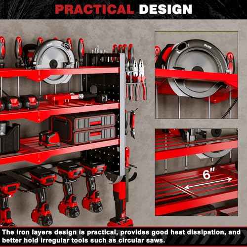 Power Tool Organizer Wall Mount with Charging Station 4 Layer 6 Slot Cordless Drill Holder with Angle Grinder Holder (Red)