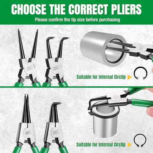SK 4-Piece Snap Ring Pliers Set, 7-Inch Internal/External Circlip Pliers with Straight/Bent Jaw, Tip Diameter 0.07'', Premium CR-V Steel