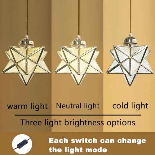 Gold Moravian Star Pendant Light with Brass Shade,16.5ft Plug-in Hanging Light Fixture with Switch, Farmhouse Brass Lighting for Kitchen Island, Bedroom, Hallway, Porch (LED Bulb Included)