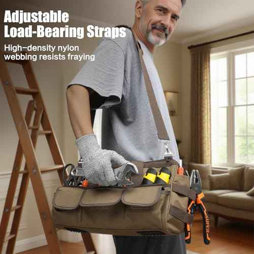 Smart Elf 15-Inch Tool Bag, 20-Pocket Portable Heavy-Duty Tool Bag with Adjustable Shoulder Strap and Ergonomic Handle, Thickened Version - The Most Practical Gifts for Men (Khaki)
