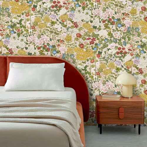 Floral Wallpaper Peel and Stick Boho Wall Paper Removable Waterproof Green/Yellow/Red Contact Paper for Bedroom, Bathroom, Home Wall 17.3" x 78.7"